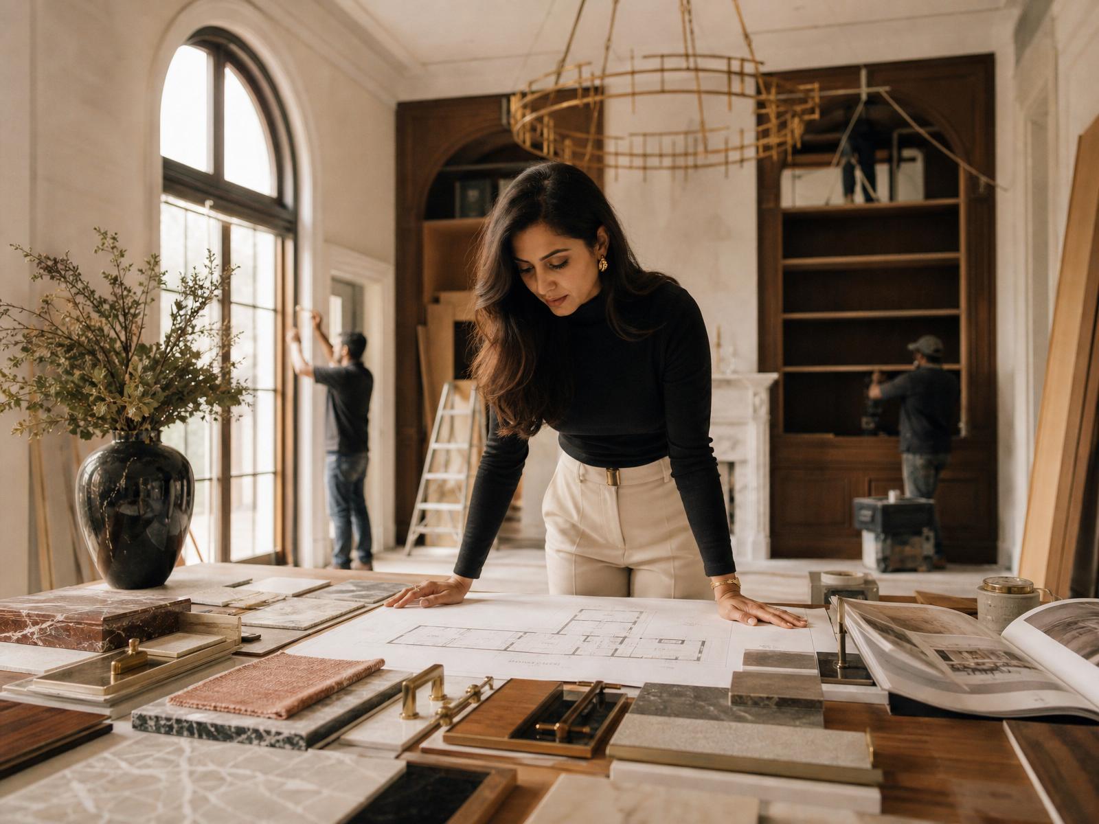 Aria Sen, founder of Aries Interiors, reviewing plans on site